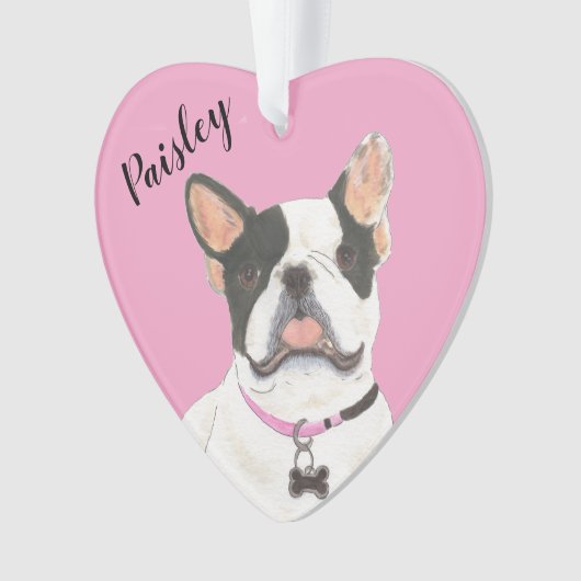 ピンクパーソナライズされたハート白黒ピエフレンチー オーナメント (正面)