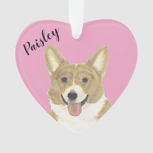 ピンクパーソナライズされたハートFAWNとホワイトコーギ オーナメント (正面)