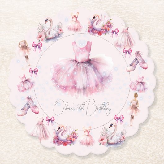 ピンクパーソナライズされたバレリーナ誕生日 ペーパーコースター (正面)
