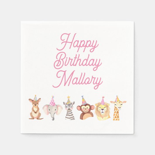 ピンクパーソナライズされたパーティー動物誕生日ナプキン スタンダードカクテルナプキン (正面)