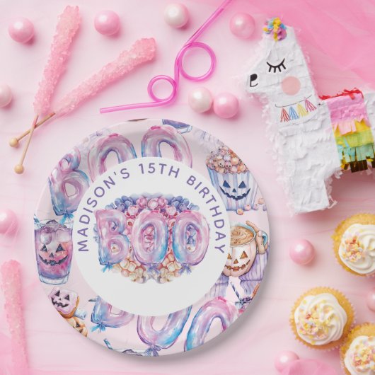 ピンクパーソナライズされたパープルハロウィーンブー ペーパープレート (パーティー)