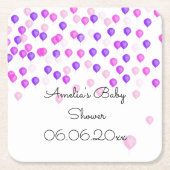 ピンクパーソナライズされたパープルバルーンベビーシャワー スクエアペーパーコースター (正面)