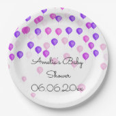 ピンクパーソナライズされたパープルバルーンベビーシャワー ペーパープレート (正面)