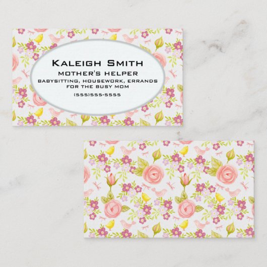 ピンクパーソナライズされたパープルフローラ母ヘルパー コーリングカード (正面/裏面)