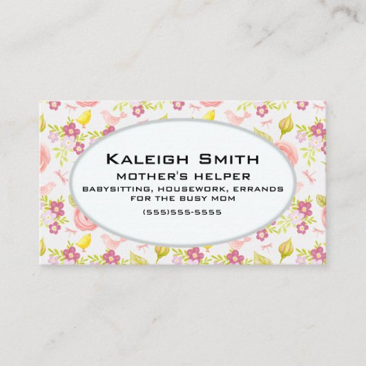 ピンクパーソナライズされたパープルフローラ母ヘルパー コーリングカード (正面)