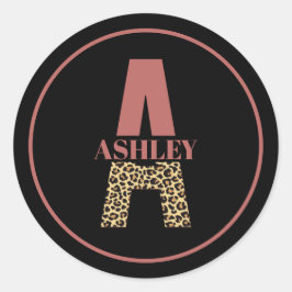 ピンクパーソナライズされたヒョウ柄モノグラム ラウンドシール