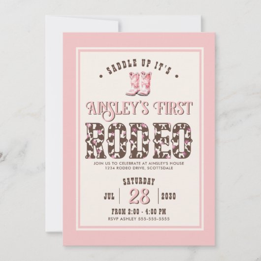 ピンクパーソナライズされたファーストRodeoガールズ1st誕生日 招待状 (正面)
