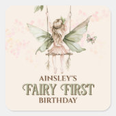 ピンクパーソナライズされたフェアリー最初の誕生日パーティー スクエアシール (正面)
