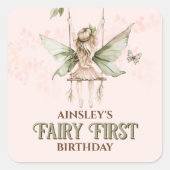 ピンクパーソナライズされたフェアリー最初の誕生日パーティー スクエアシール (正面)
