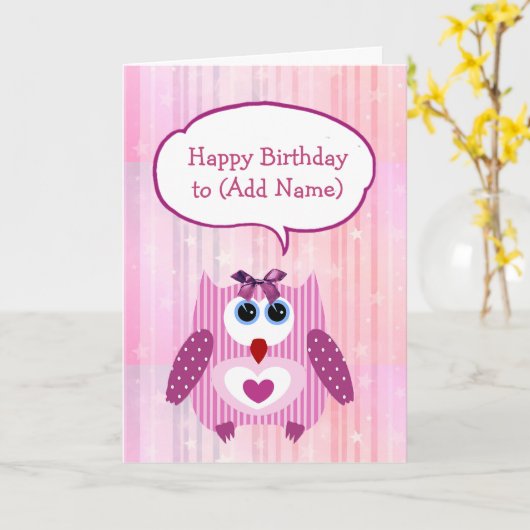 ピンクパーソナライズされたフクロウハッピーバースデーカード カード (黄色い花)