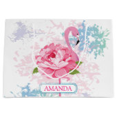 ピンクパーソナライズされたフラミンゴフローラデザイン ラージペーパーバッグ (正面)