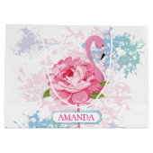 ピンクパーソナライズされたフラミンゴフローラデザイン ラージペーパーバッグ (裏面)