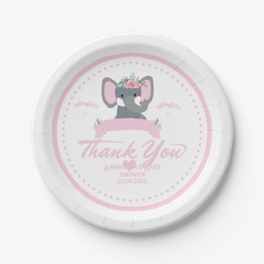 ピンクパーソナライズされたフローラかわいい象の赤ちゃんシャワー ペーパープレート (正面)