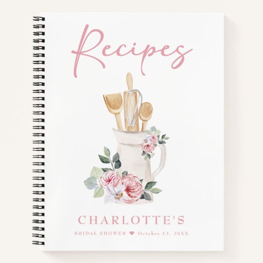 ピンクパーソナライズされたフローラキッチンレシピ本 ノートブック (正面)