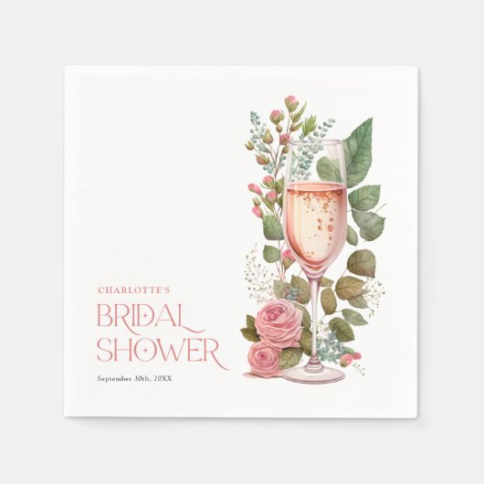 ピンクパーソナライズされたフローラシャンパンブライダルシャワー スタンダードカクテルナプキン (正面)