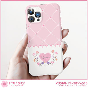 ピンクパーソナライズされたフローラダイヤモンドモノグラム iPhone 16ケース