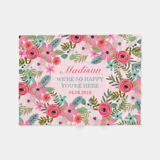 ピンクパーソナライズされたフローラフリースベビーブランケット フリースブランケット (正面(横))