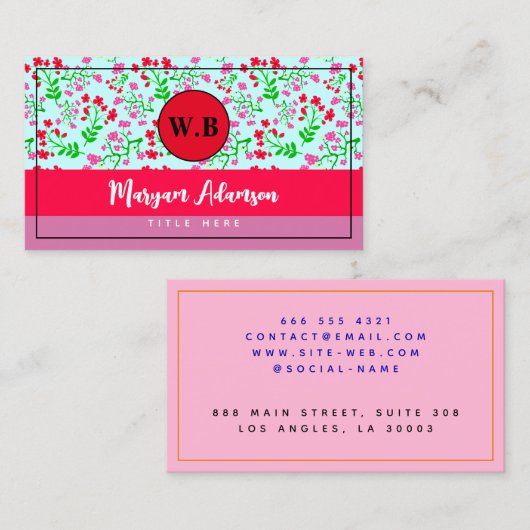 ピンクパーソナライズされたフローラモノグラム コーリングカード (正面/裏面)