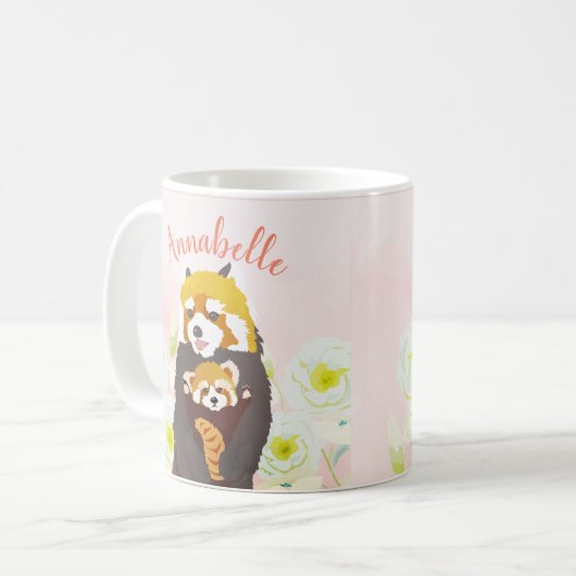 ピンクパーソナライズされたフローラレッドパンダママベビーマグ コーヒーマグカップ (正面左)