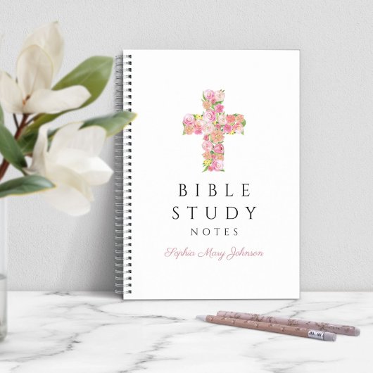 ピンクパーソナライズされたフローラ宗教十字架 ノートブック