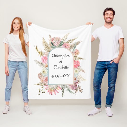 ピンクパーソナライズされたフローラ結婚の日付 フリースブランケット (インサイチュ)