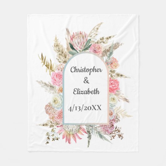 ピンクパーソナライズされたフローラ結婚の日付 フリースブランケット (正面)