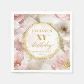 ピンクパーソナライズされたフローラ誕生日ナプキンス金ゴールド スタンダードカクテルナプキン (正面)