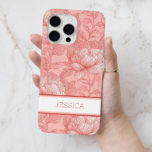 ピンクパーソナライズされたフローラ赤牡丹の花名 iPhone 15 PRO MAXケース