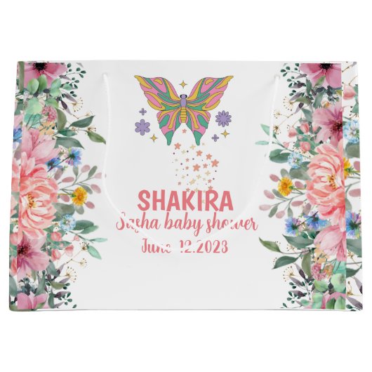 ピンクパーソナライズされたフローラ，蝶の赤ちゃんシャワー ラージペーパーバッグ (正面)