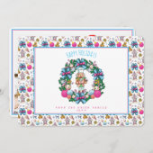 ピンクパーソナライズされたブルークリスマスくるみ割りリース シーズンカード (正面/裏面)