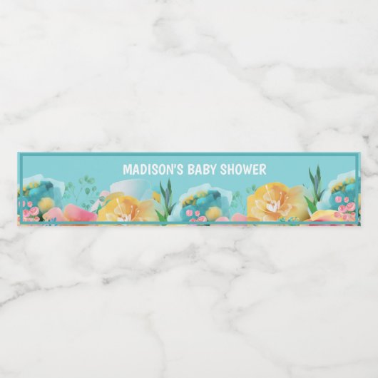 ピンクパーソナライズされたブルーフローラ赤ちゃんシャワー ペットボトルラベル (シングルラベル)