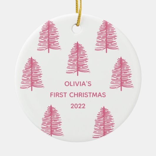 ピンクパーソナライズされたベビー初めてのクリスマスツリー セラミックオーナメント (正面)