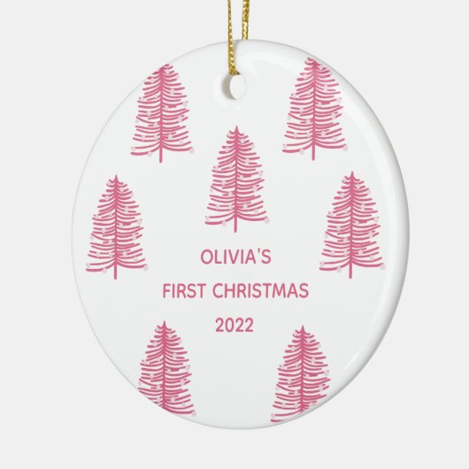 ピンクパーソナライズされたベビー初めてのクリスマスツリー セラミックオーナメント (左)