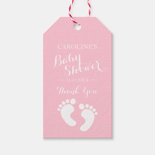 ピンクパーソナライズされたベビー足ガールベビーシャワー ギフトタグ (正面)
