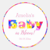 ピンクパーソナライズされたベビー開花ピンクベビーシャワー ラウンドシール (正面)