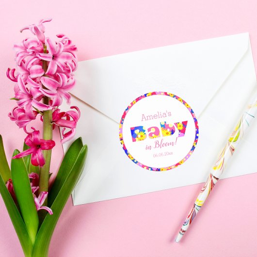 ピンクパーソナライズされたベビー開花ピンクベビーシャワー ラウンドシール