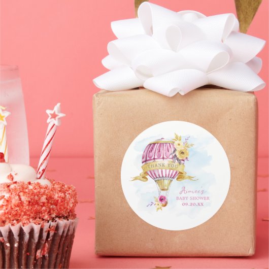 ピンクパーソナライズされたホットエアバルーン赤ちゃんシャワー ラウンドシール (パーティー)