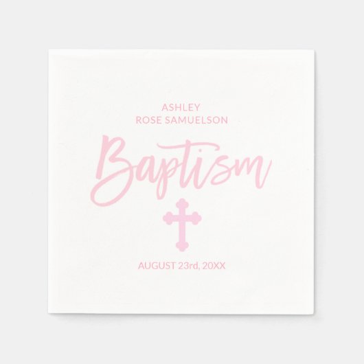 ピンクパーソナライズされたホワイトクロスガールバプテスマ スタンダードカクテルナプキン (正面)