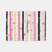 ピンクパーソナライズされたホワイトブラックストライプ金ゴールドグリッター フリースブランケット (正面(横))