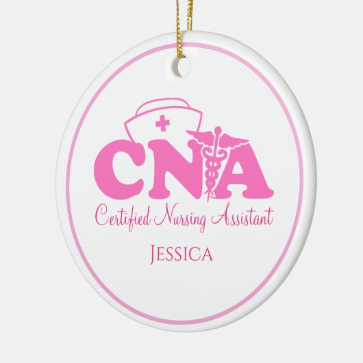 ピンクパーソナライズされたホワイトCNAナースクリスマス セラミックオーナメント (左)