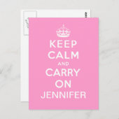 ピンクパーソナライズされたホワイトKeep Calm and Carry On ポストカード (正面/裏面)