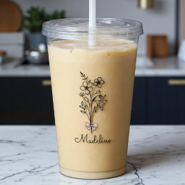 ピンクパーソナライズされたボウ誕生月花 アクリルタンブラー