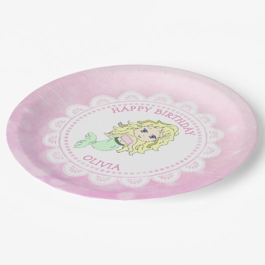 ピンクパーソナライズされたマーメイド誕生日プレート ペーパープレート (アングル)