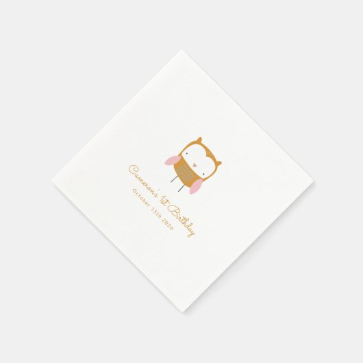 ピンクパーソナライズされたモダンイエローフクロウ第1誕生日 スタンダードカクテルナプキン (角)