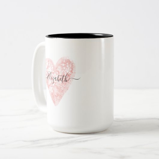 ピンクパーソナライズされたモダンハートスクリプト名 ツートーンマグカップ (正面左)