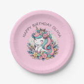 ピンクパーソナライズされたユニコーンガールズ誕生日 ペーパープレート (正面)