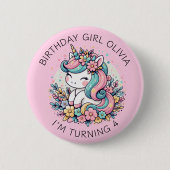 ピンクパーソナライズされたユニコーンガールズ誕生日 缶バッジ (正面)