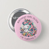 ピンクパーソナライズされたユニコーンガールズ誕生日 缶バッジ (正面&裏面)