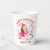 ピンクパーソナライズされたユニコーンガール5誕生日 紙コップ (裏面)