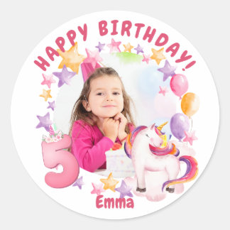 ピンクパーソナライズされたユニコーン第5誕生日女子 ラウンドシール